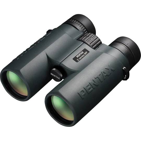 Pentax Z-Series binoculars featuring a green rubber armored body with large objective lenses and adjustable eyecups designed for outdoor use and durability