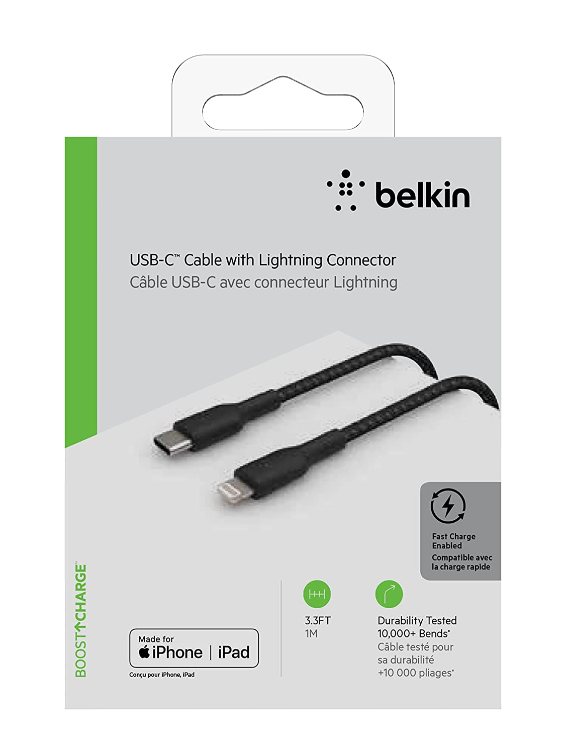 Belkin Apple Certified Lightning to Type C Cable, Tough Unbreakable Braided  Fast Charging for iPhone, iPad, Air Pods, 3.3 feet (1 meters)