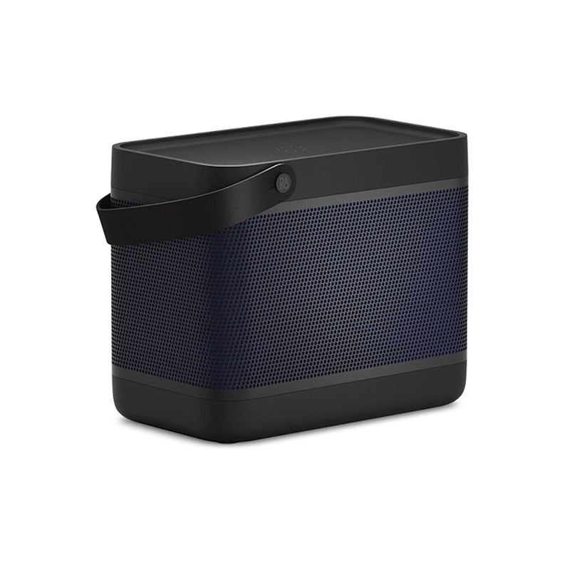 This image shows the **Bang & Olufsen Beolit speaker** in a sleek **black and navy blue** design. The speaker has a clean, minimalist aesthetic, featuring a **leather strap** for easy portability. The perforated grille design in navy adds a premium touch, while the black matte top and bottom parts complete the sophisticated look. The top section of the speaker likely contains touch-sensitive controls for volume and playback, maintaining the smooth and elegant style B&O is known for. This portable speaker is
