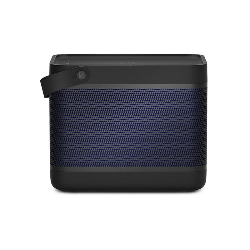 This image depicts the **Bang & Olufsen Beolit speaker** in a **black and navy blue** color combination. The design is marked by a sleek, boxy shape, with a perforated navy blue grille covering the sides. The top features a matte black finish, along with the characteristic **leather strap** that allows for easy carrying. The iconic **B&O logo** is visible on the strap, further accentuating the brand’s premium design ethos. Known for its high-end audio performance and portability, this Beolit speaker offers
