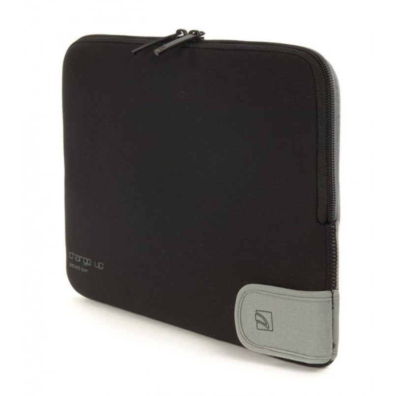 Protective laptop sleeve with zipper closure and minimalist black design.