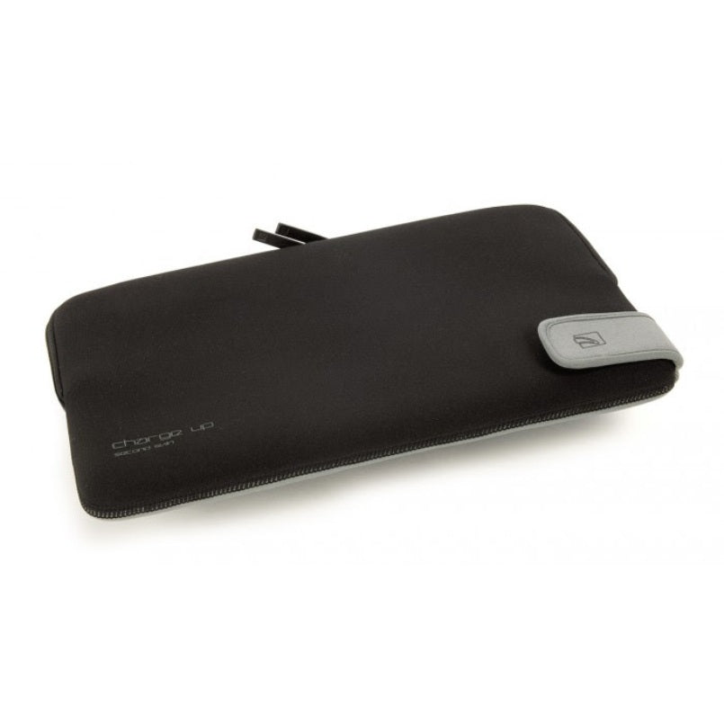 Slim protective laptop sleeve with zip closure and minimalist black design.