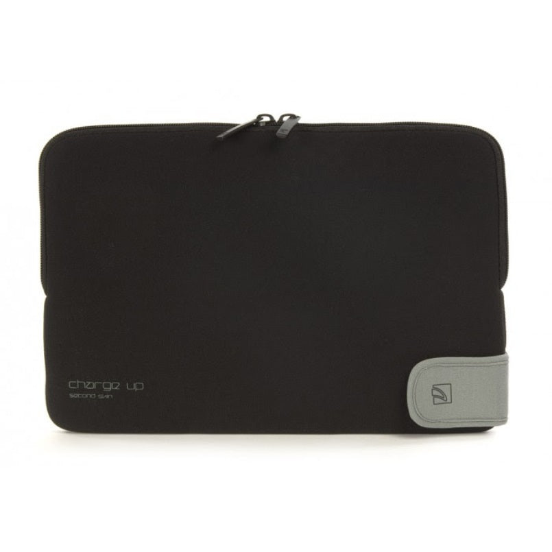 Protective laptop sleeve with dual zipper closure and sleek black design.