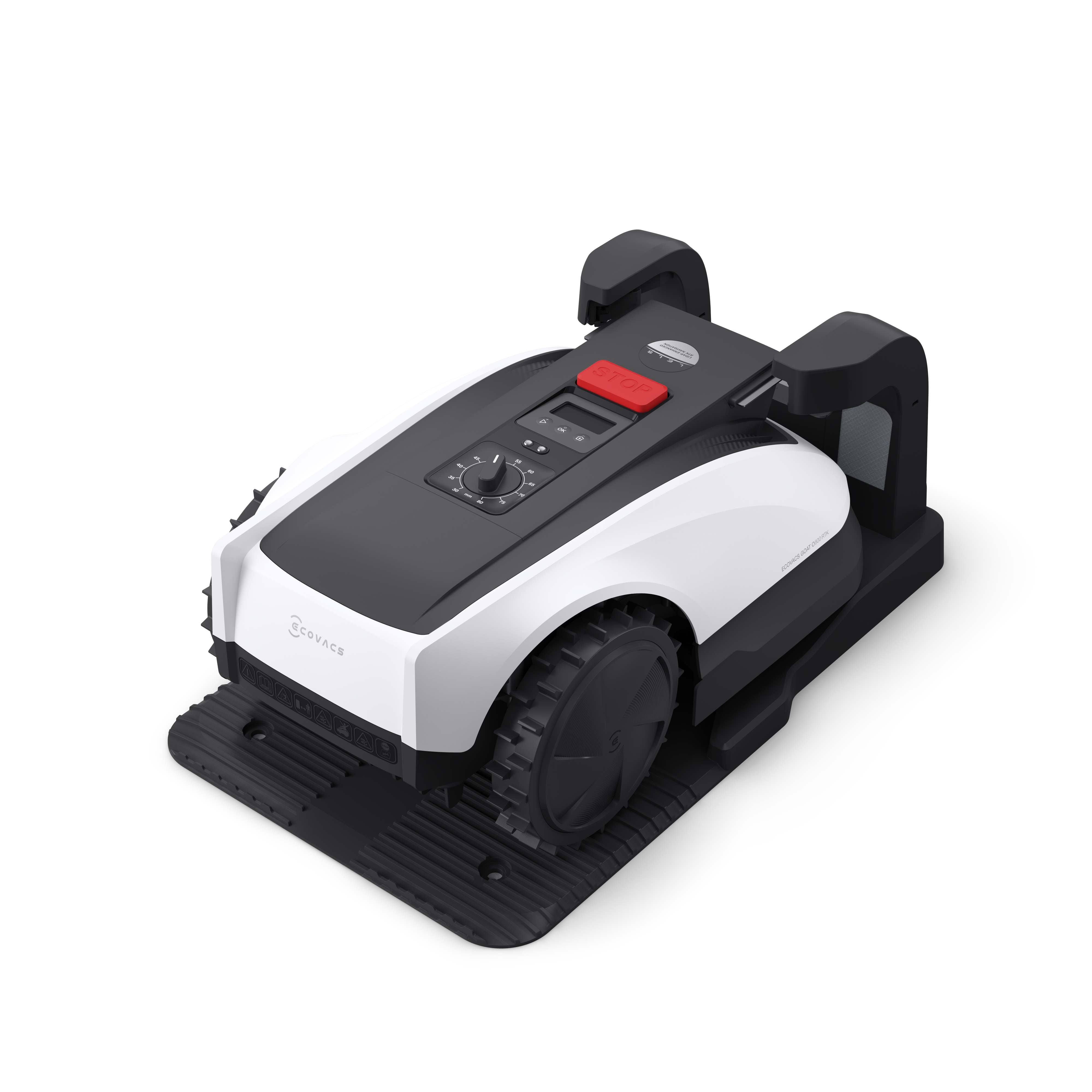 ECOVACS GOAT O800 RTK robotic lawn mower parked on its charging base station