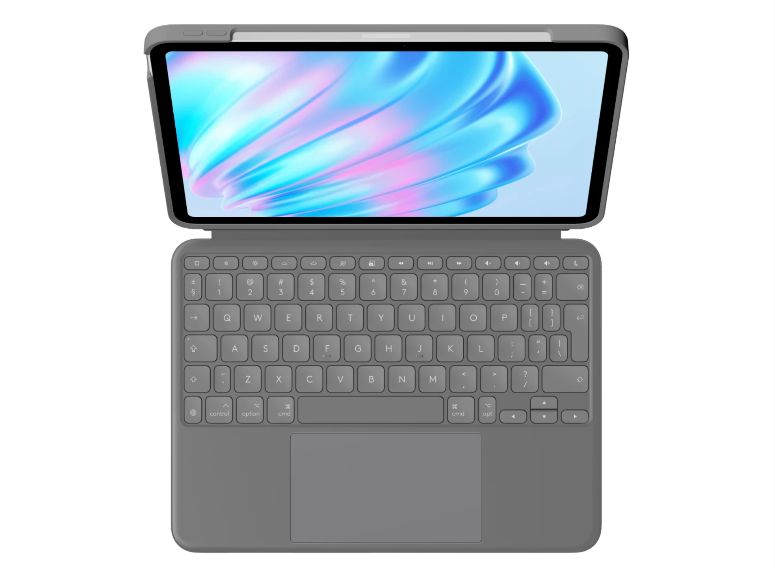 iPad case with a keyboard and built-in trackpad, offering a top-down view of the setup with a vibrant screen and ergonomic layout for a seamless typing and navigation experience.