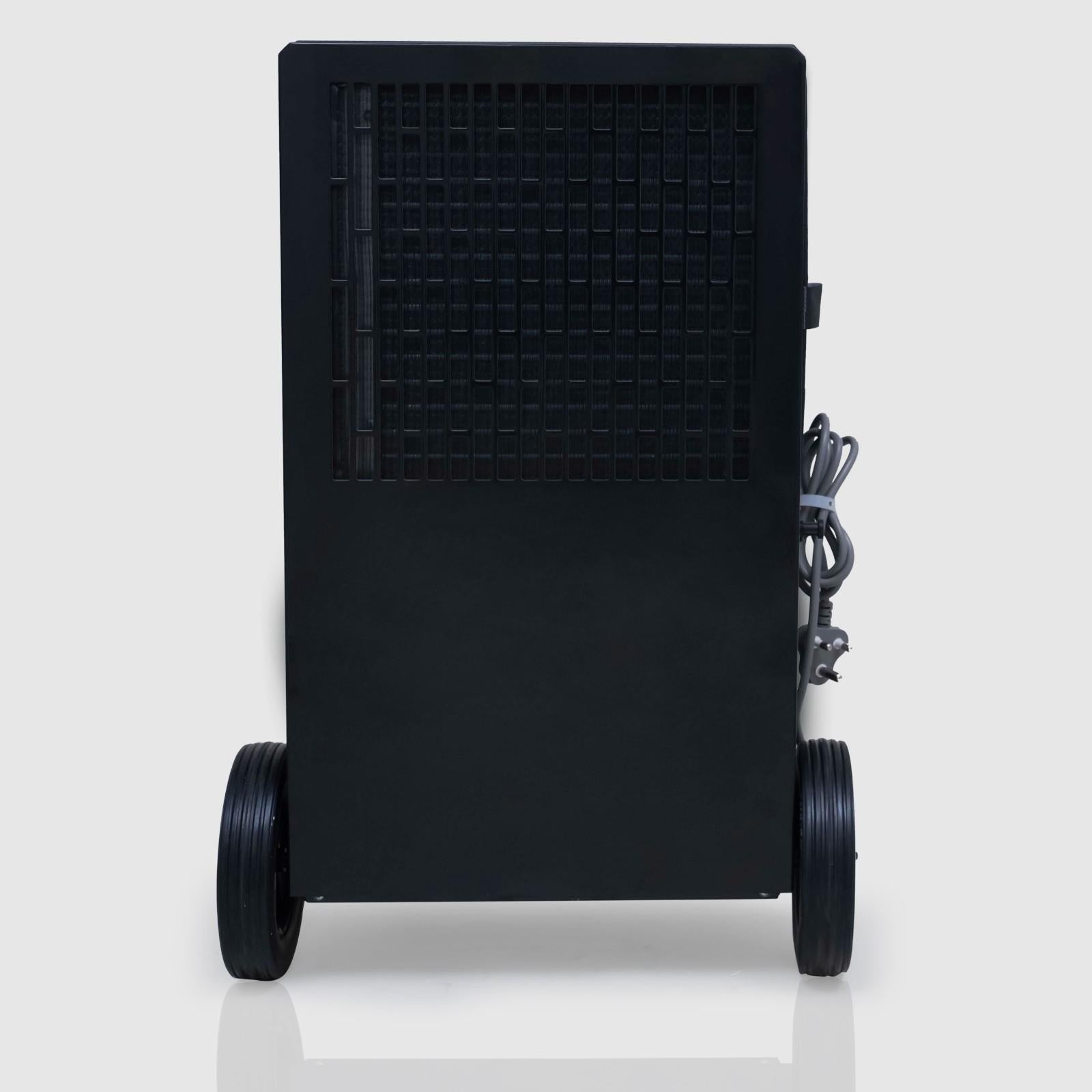 Rear view of the White Westinghouse Industrial Dehumidifier WDE100, showing the large rear wheels and rear vent for optimal airflow. The design includes a power cord neatly wrapped on the side, emphasizing durability and ease of mobility, suitable for large commercial and industrial spaces.