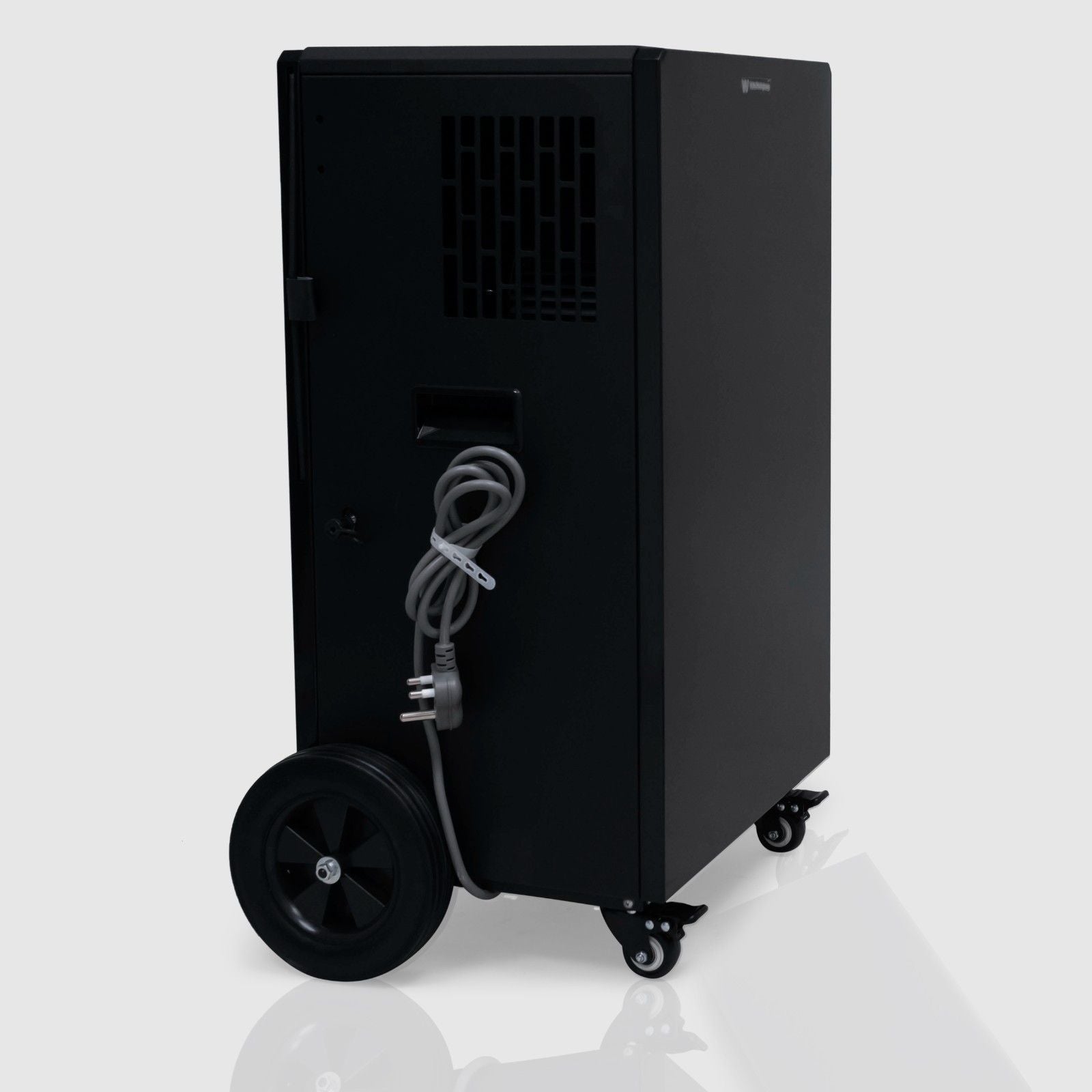 Side view of the White Westinghouse Industrial Dehumidifier WDE100, showcasing the large rear wheel, smaller front caster, and the power cord neatly wrapped on the back. The design includes a handle and vent for optimal performance, making it suitable for large commercial and industrial spaces.