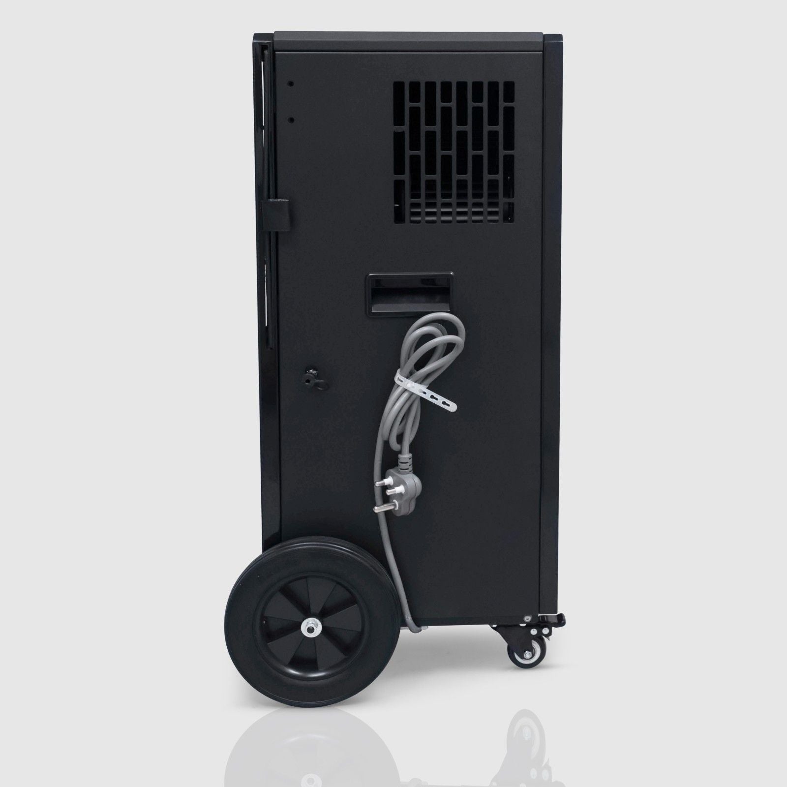 Side view of the White Westinghouse Industrial Dehumidifier WDE100, showcasing the large rear wheel, smaller front caster, and the power cord neatly wrapped on the back. The design includes a handle and vent for optimal performance, making it suitable for large commercial and industrial spaces.
