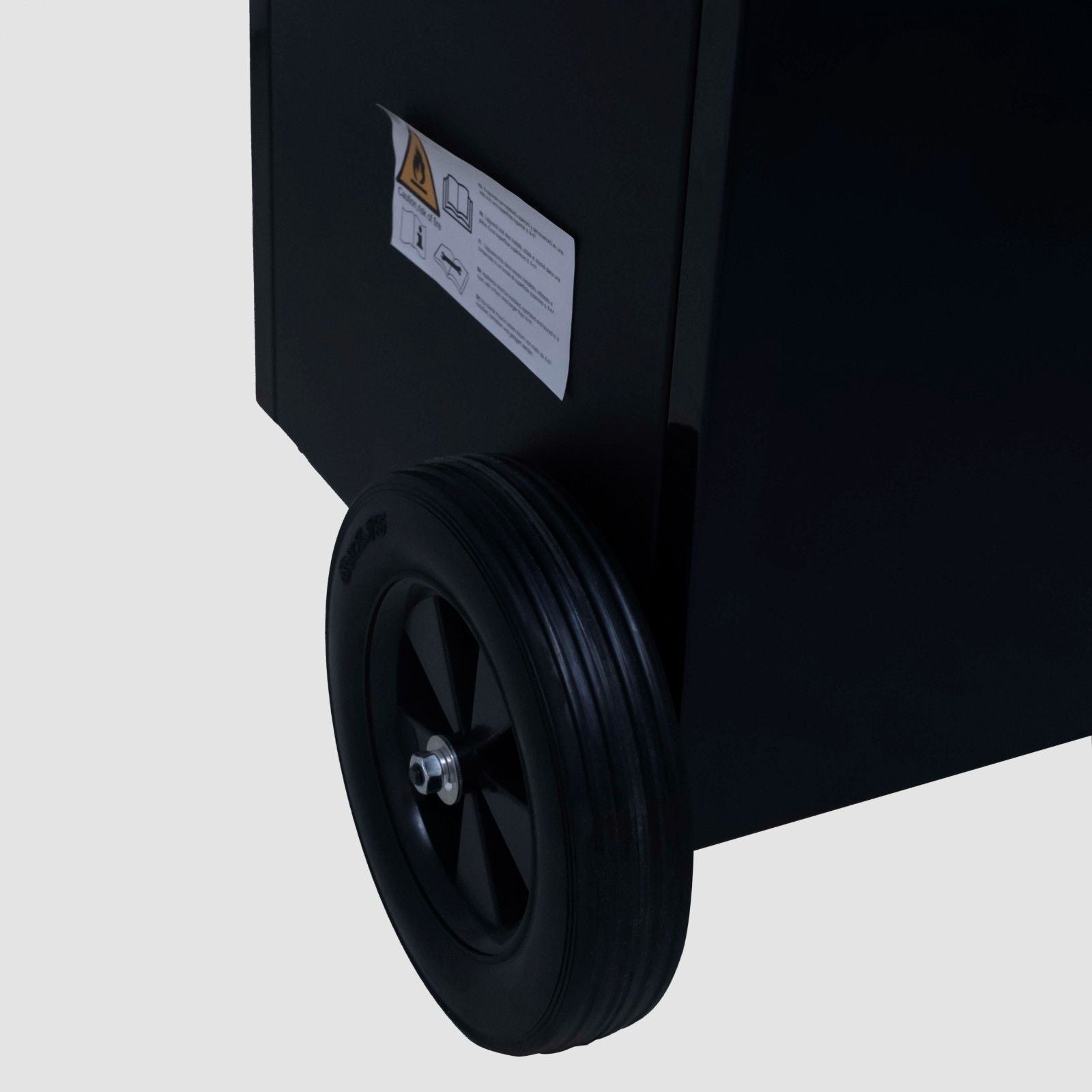 Close-up view of the large rear wheel on the White Westinghouse Industrial Dehumidifier WDE100, highlighting its robust design for easy mobility. The wheel is part of the dehumidifier's durable construction, making it ideal for large commercial and industrial spaces.