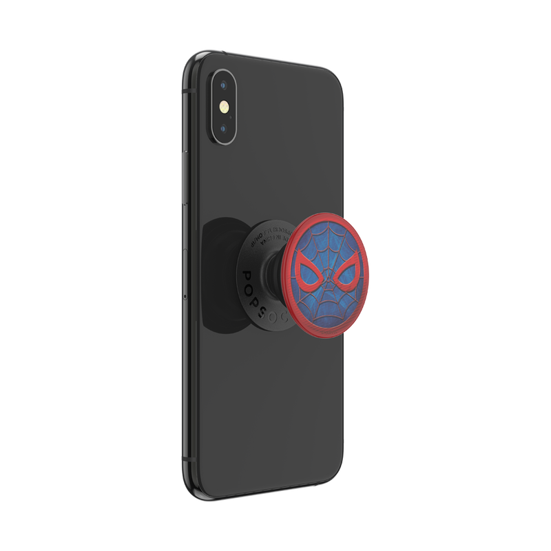  Black smartphone with a PopSockets Marvel Spider-Man PopGrip for MagSafe attached to the back. The PopGrip features Spider-Man's mask design with red webbing details and red eyes on a blue background. The phone is shown from the back at a slight angle, with the PopGrip extended outward