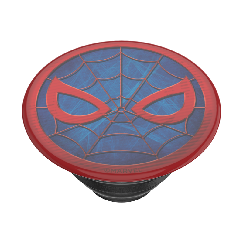  Close-up view of a PopSockets Marvel Spider-Man PopGrip for MagSafe featuring Spider-Man's mask design. The mask is red with blue webbing details and red eyes on a blue background. The circular emblem includes fine web lines connecting the mask elements and a small "© MARVEL" inscription at the bottom. The PopGrip base is black.