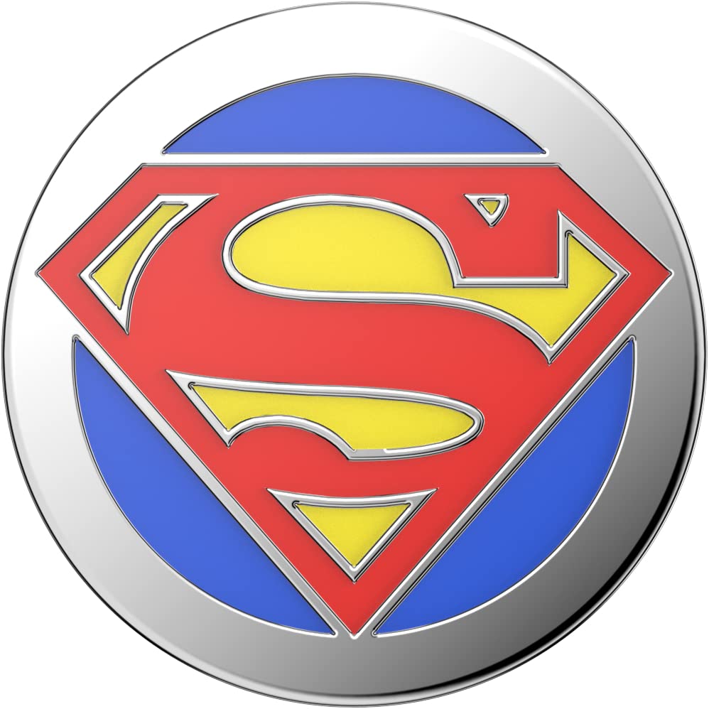  Close-up view of the top of a PopSockets Enamel Swappable Grip featuring the Superman logo. The circular top displays the iconic Superman "S" shield in red and yellow on a blue background, encased in a shiny metal border. The vibrant colors and enamel finish make the logo stand out, providing a stylish and recognizable design for the grip.