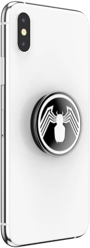  White smartphone with a Marvel Enamel Spider-Man PopGrip attached to the back. The PopGrip features a black and white Spider-Man emblem with a stylized white spider on a black background. The phone is shown from the back at a slight angle, highlighting the PopGrip.