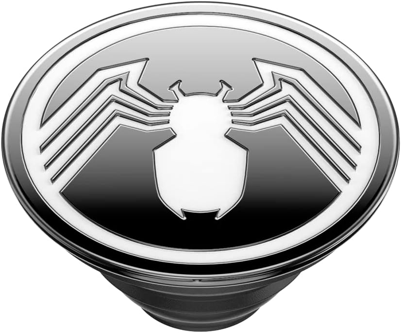 Close-up view of a Marvel Enamel Spider-Man PopGrip featuring a black and white Spider-Man emblem. The emblem shows a stylized white spider on a black background, with the white spider positioned centrally and extending its legs towards the outer edge of the circular grip. The base of the PopGrip is black.