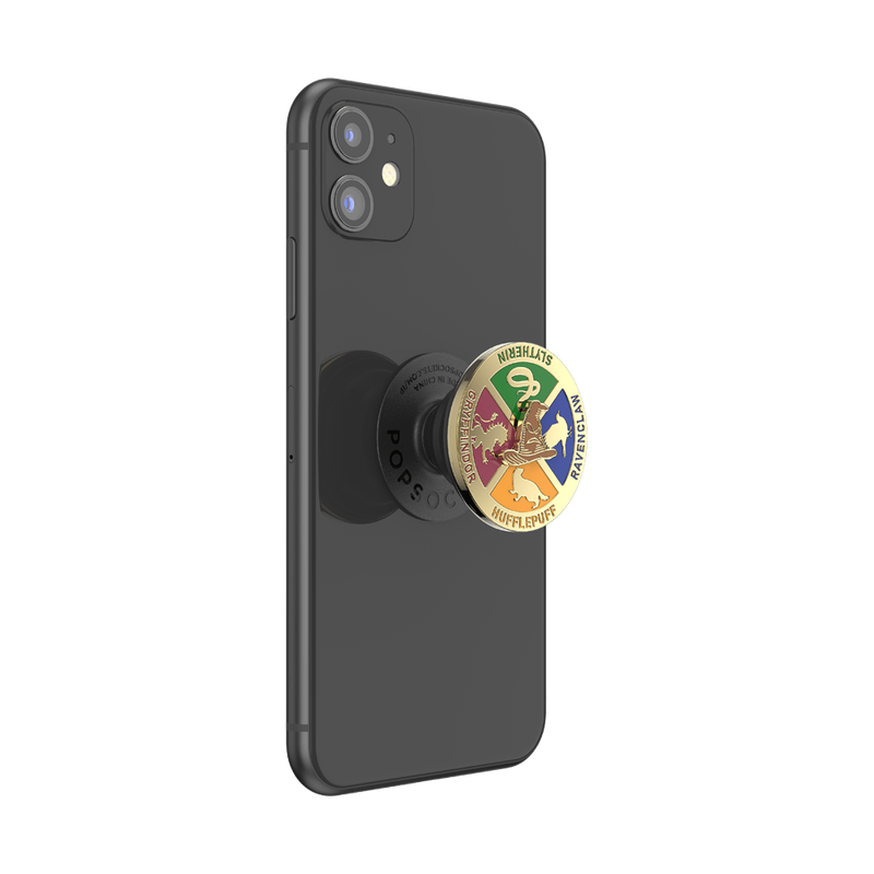  A black smartphone with a PopSockets Enamel Spinner featuring the Sorting Hat and the Hogwarts House crests attached to the back, shown in an extended state.