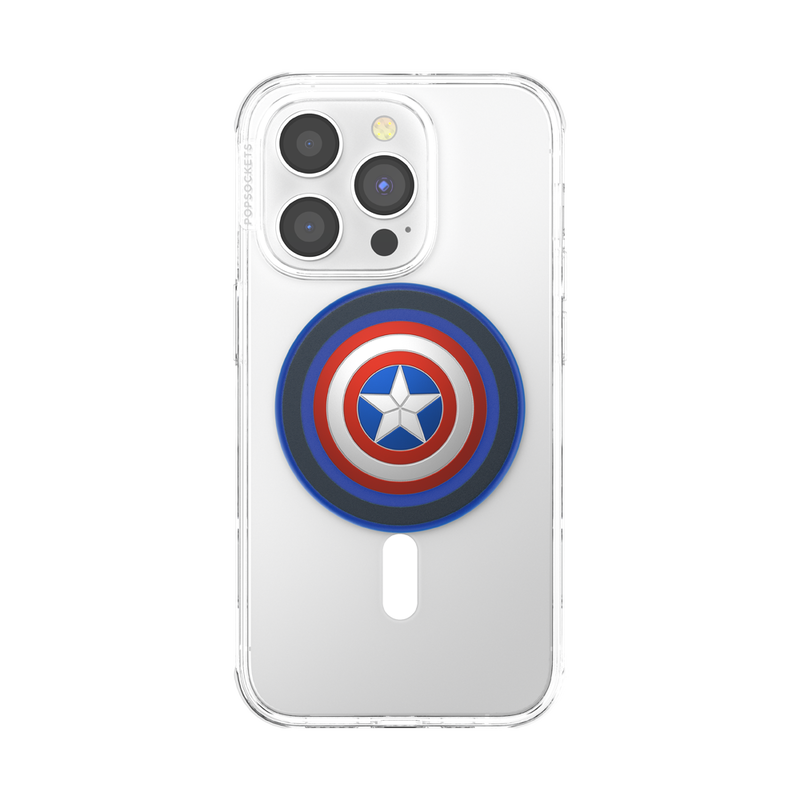 Clear smartphone case with an Enamel Captain America PopGrip for MagSafe attached to the back. The PopGrip features Captain America's shield design with concentric red, white, and blue circles, and a white star in the center. The phone is shown from the back, highlighting the PopGrip positioned centrally.