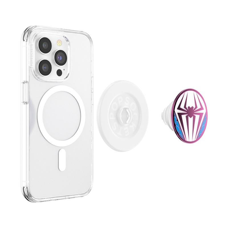 Clear smartphone case with a detachable Enamel Ghost Spider Suit PopGrip for MagSafe. The PopGrip, shown separately, features a round design with the Ghost Spider logo in purple and blue on a white base, providing a secure grip and easy attachment and removal with MagSafe compatibility.