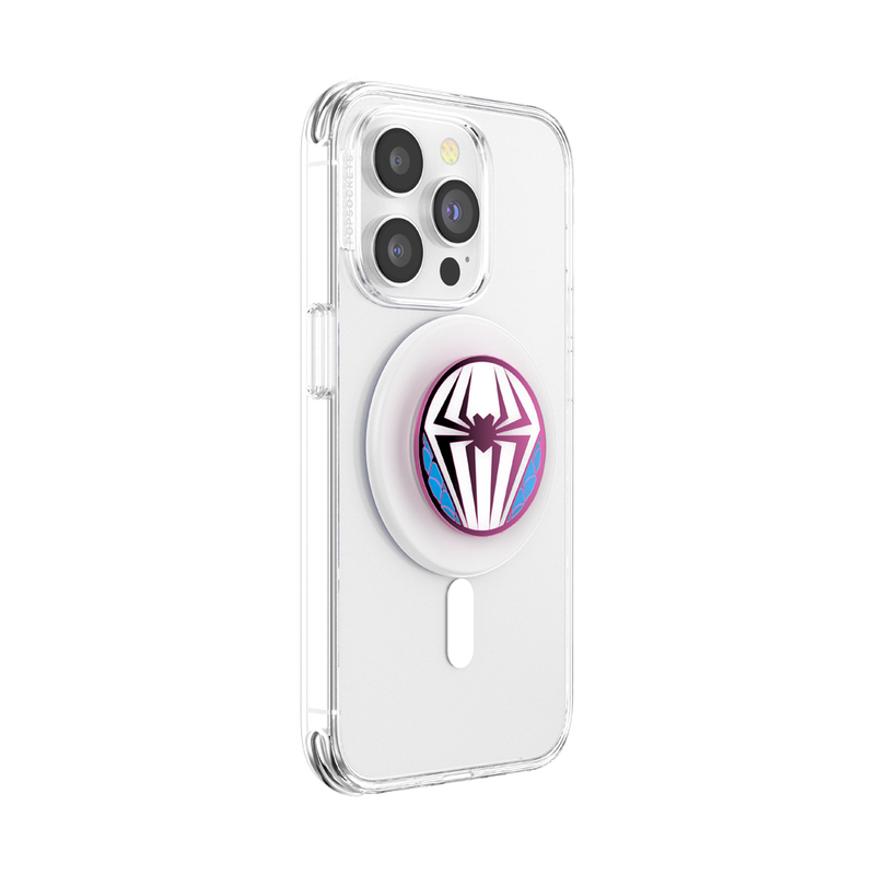  Clear smartphone case with an Enamel Ghost Spider Suit PopGrip for MagSafe attached. The PopGrip features a round design with the Ghost Spider logo in purple and blue on a white base, providing a secure grip and designed for MagSafe compatibility.