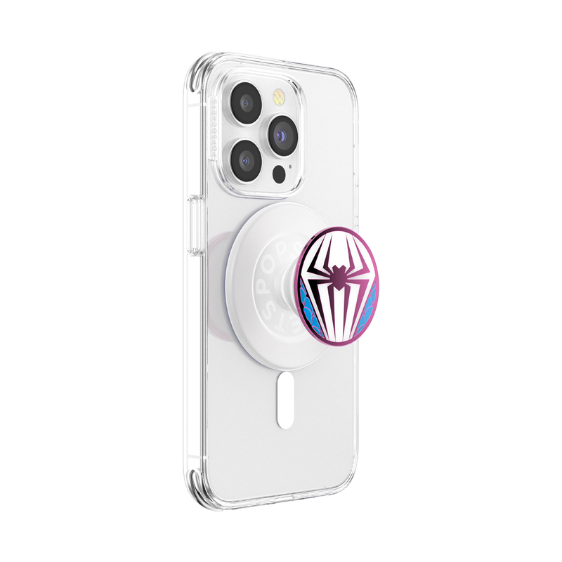  Clear smartphone case with an Enamel Ghost Spider Suit PopGrip for MagSafe attached. The PopGrip features a round design with the Ghost Spider logo in purple and blue on a white base, providing a secure grip and designed for MagSafe compatibility.