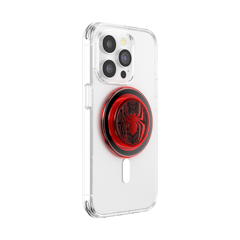 A clear smartphone case with an attached Enamel Miles Morales Suit PopGrip for MagSafe. The PopGrip features a red and black design with the Miles Morales Spider-Man emblem in the center. The phone case shows the camera cutout and the PopGrip is positioned centrally on the back, highlighting its glossy finish and the distinctive Spider-Man design.