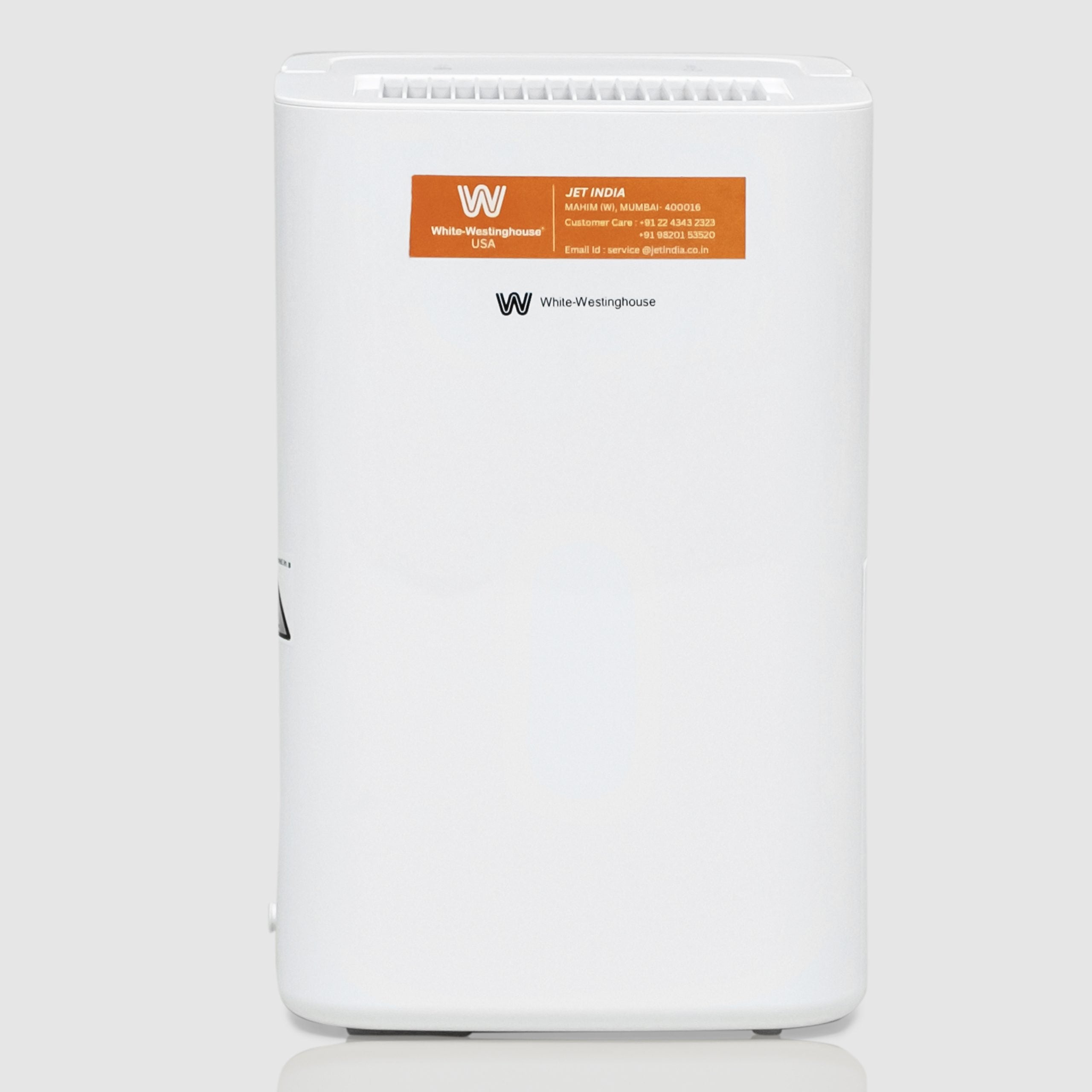 Front view of the White Westinghouse Dehumidifier AWHD123L, showcasing the sleek white design with the brand label and model information. The unit is ideal for maintaining optimal humidity levels in residential and commercial spaces.