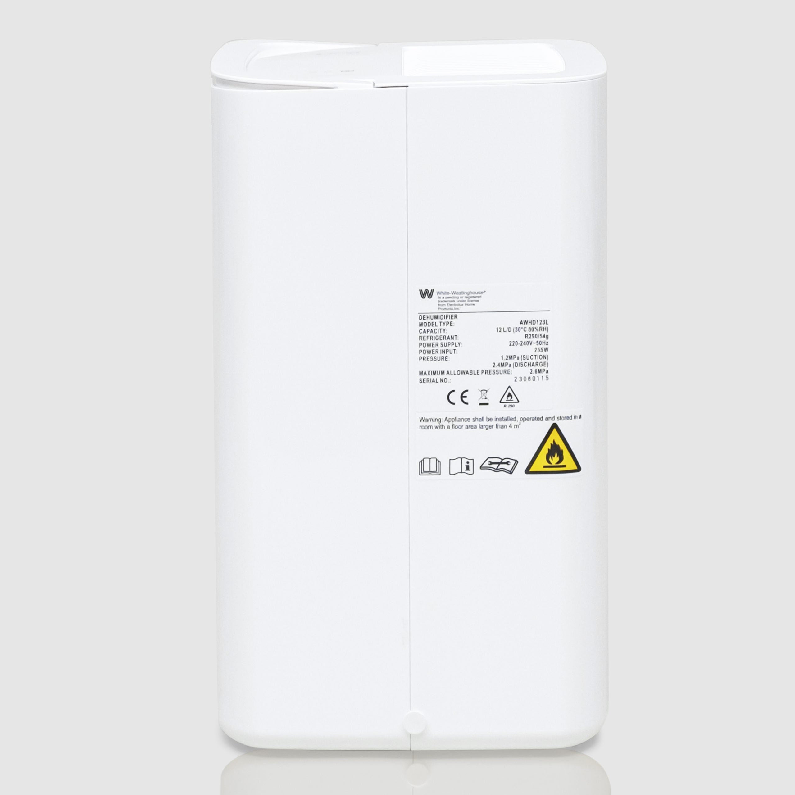 Rear view of the White Westinghouse Dehumidifier AWHD123L, showcasing the sleek white design with safety labels and certification marks. The unit is suitable for maintaining optimal humidity levels in residential and commercial spaces.