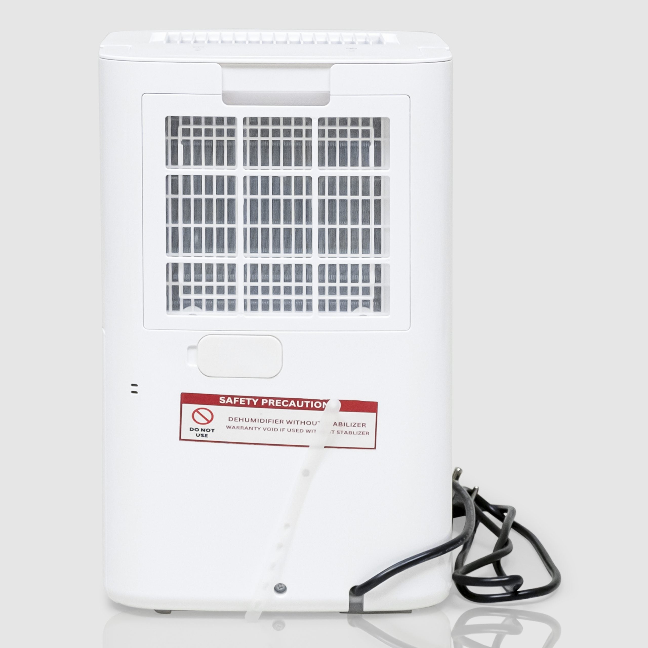 Rear view of the White Westinghouse Dehumidifier WDE702, showcasing the air vent, power cord, and safety precaution label. The sleek white design is suitable for maintaining optimal humidity levels in residential and commercial spaces.