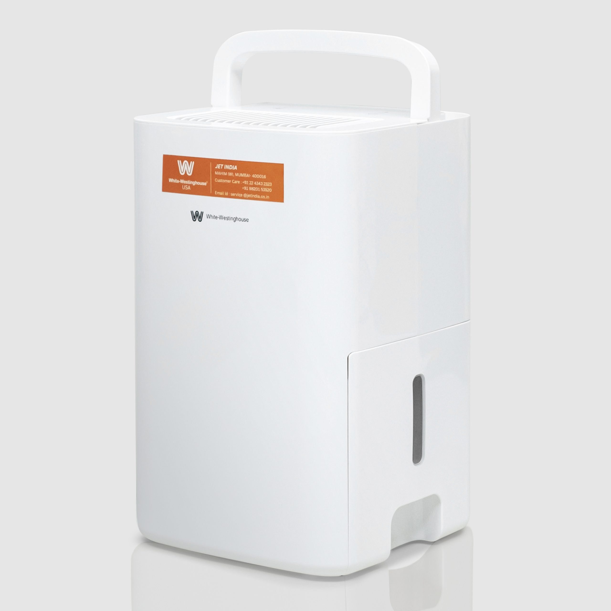 Angled view of the White Westinghouse Dehumidifier AWHD123L with the water tank in place, showcasing the built-in handle and sleek white design. The unit is ideal for maintaining optimal humidity levels in residential and commercial spaces.