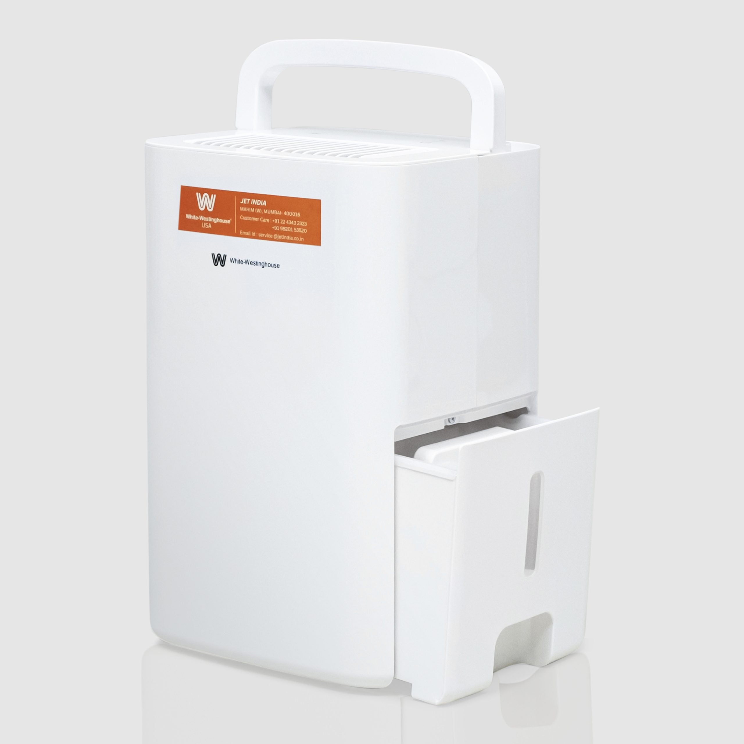 Angled view of the White Westinghouse Dehumidifier AWHD123L with the water tank partially removed, showcasing the built-in handle and sleek white design. The unit is ideal for maintaining optimal humidity levels in residential and commercial spaces.
