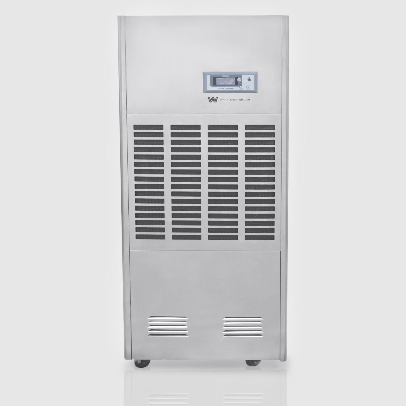 Front view of the White Westinghouse Industrial Dehumidifier WDE168S, showcasing the sleek metal body, front air vents, and digital control panel. Features universal wheels for easy mobility and a robust design for industrial use. Ideal for maintaining optimal humidity levels in large commercial spaces, capable of removing 168 liters of moisture per day.