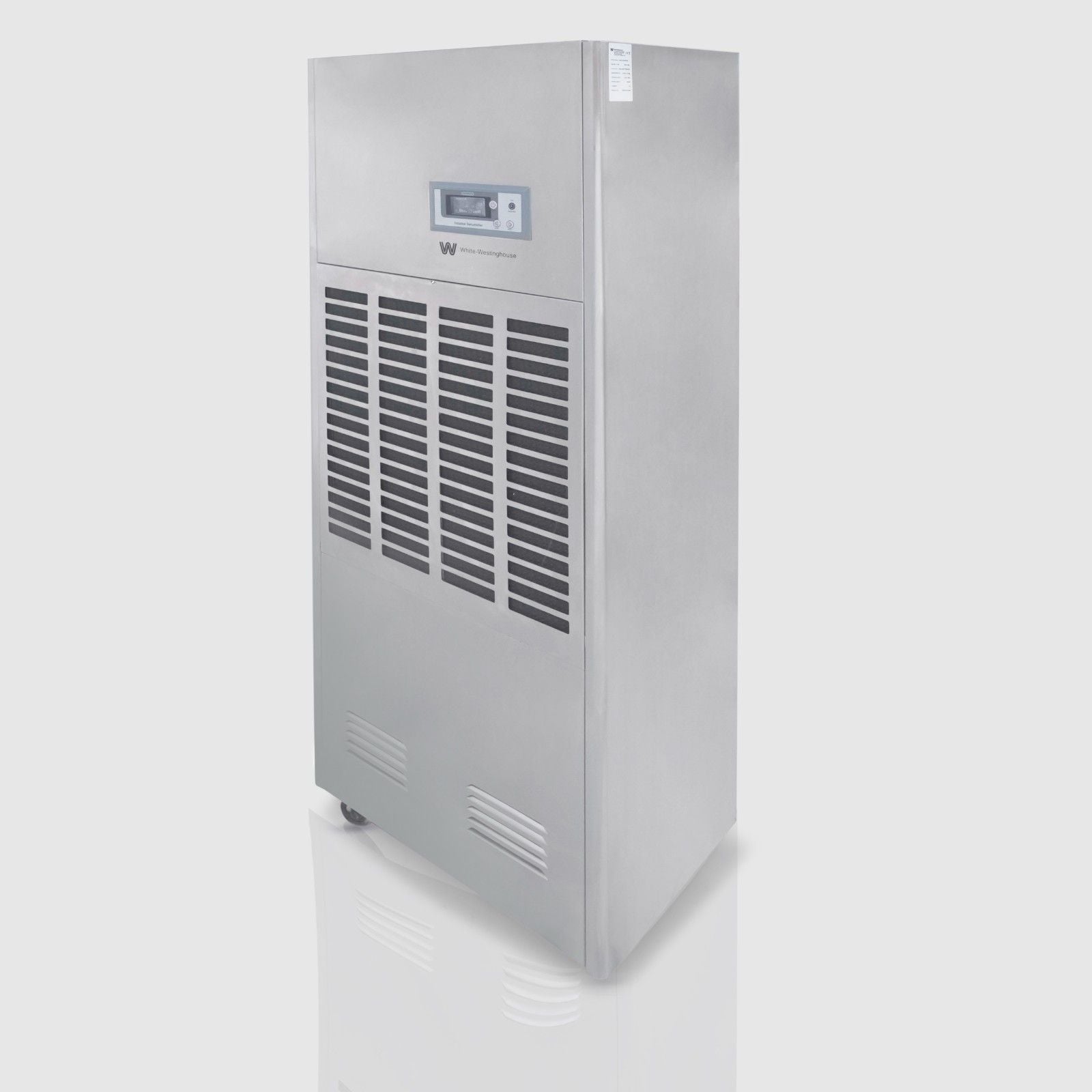 Angled view of the White Westinghouse Industrial Dehumidifier WDE168S, showing the sleek metal body, front air vents, and digital control panel. Features universal wheels for easy mobility and a robust design for industrial use. Ideal for maintaining optimal humidity levels in large commercial spaces, capable of removing 168 liters of moisture per day.