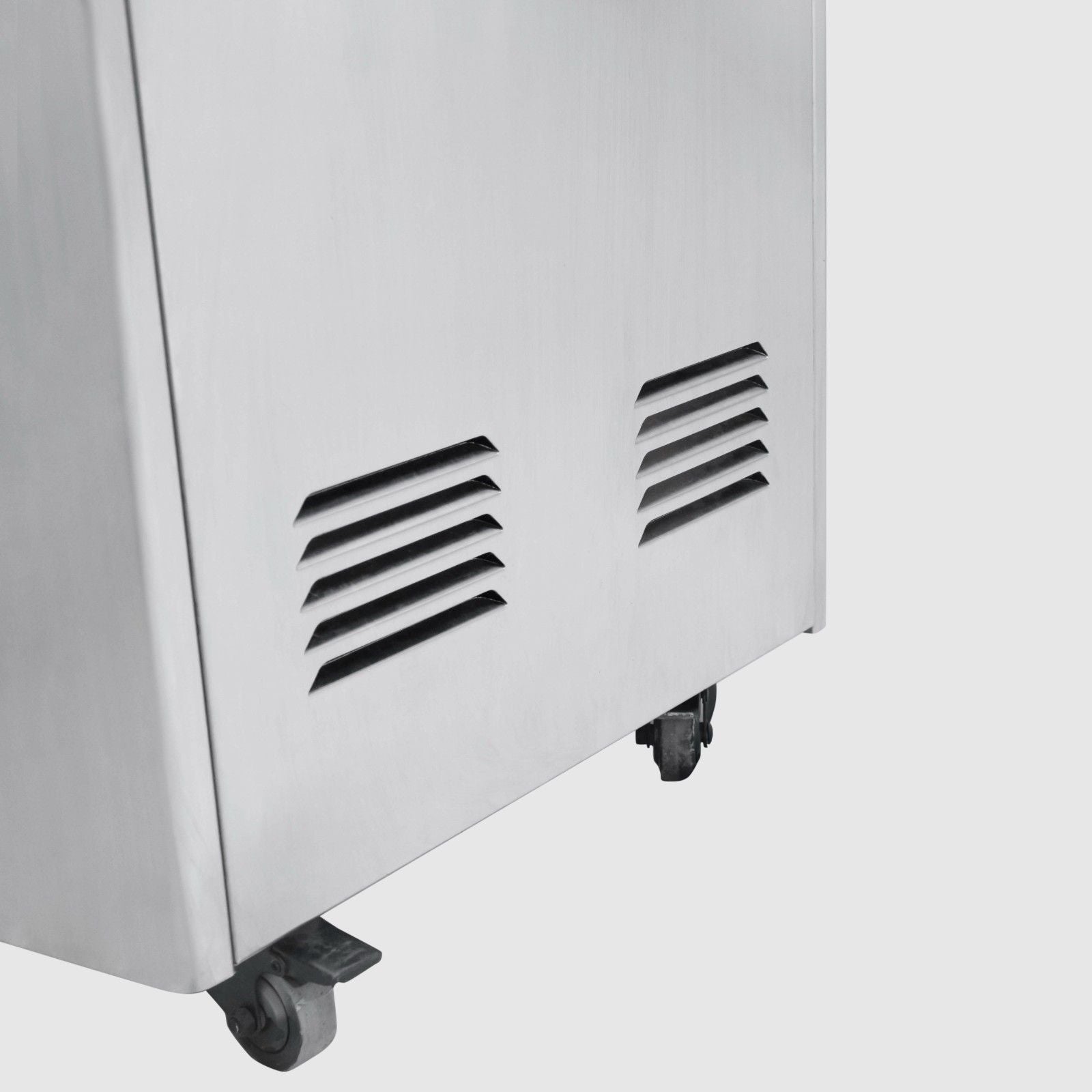 Close-up view of the bottom section of the White Westinghouse Industrial Dehumidifier WDE168S, showing the air vents and universal wheels for easy mobility. The sturdy metal body and efficient ventilation system are designed for optimal performance in industrial settings, ensuring effective humidity control in large commercial spaces.
