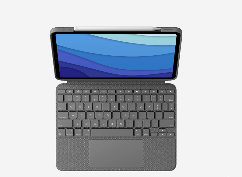 iPad case with a detachable keyboard and integrated touchpad, offering a complete typing experience, with a holder for the stylus and a modern, textured finish.