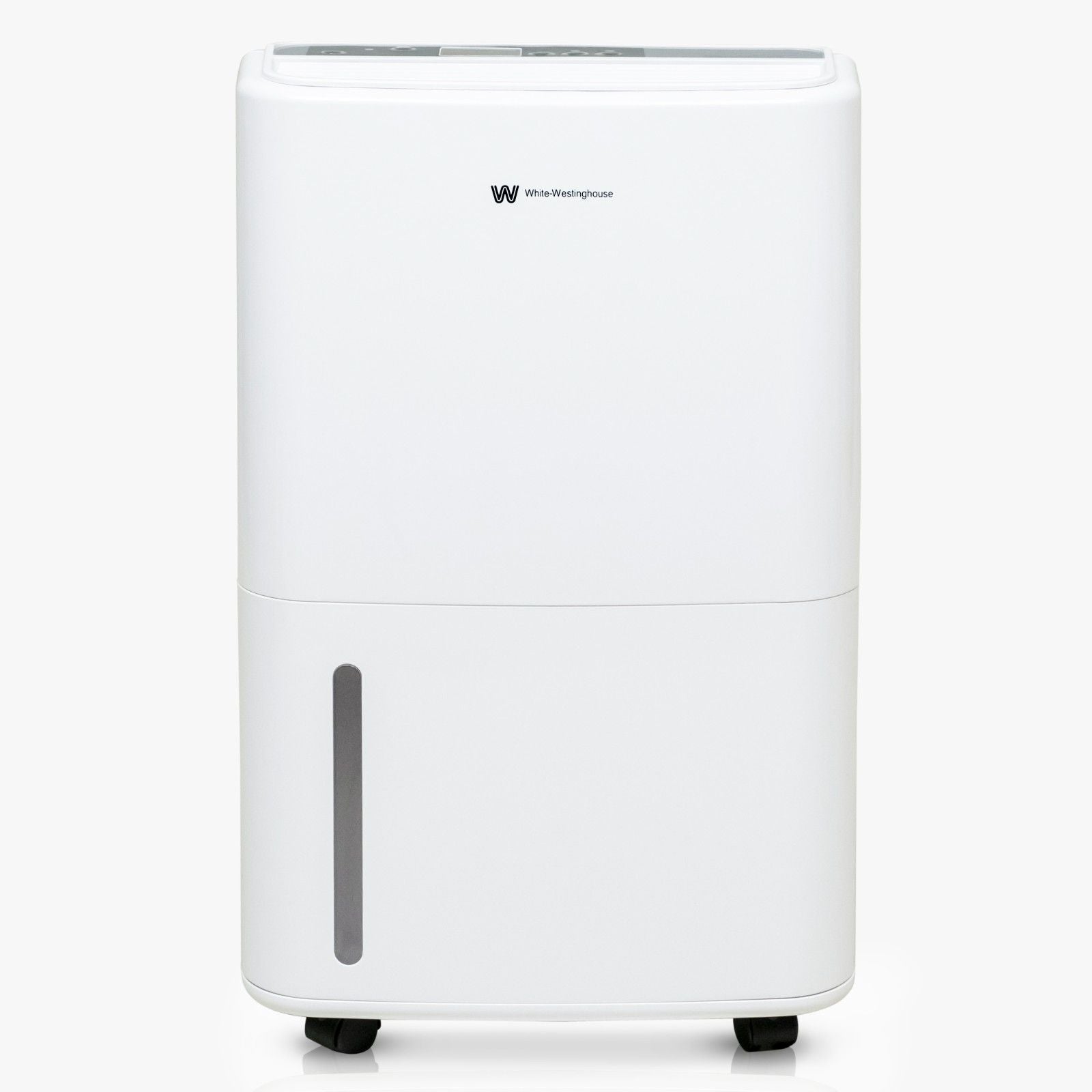 Front view of the White Westinghouse Dehumidifier AWHD20L, showcasing the sleek white design with a water level indicator on the front. The unit features a digital control panel on top and casters for easy mobility, making it ideal for maintaining optimal humidity levels in residential and commercial spaces.