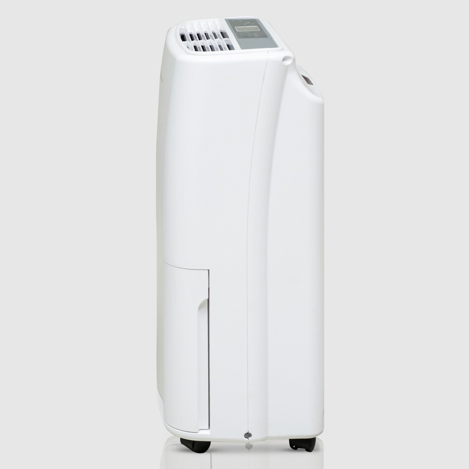 Side view of the White Westinghouse Dehumidifier AWHD20L, featuring a sleek white design with a digital control panel on top. The unit has a compact form factor with front air vents and casters for easy mobility, making it ideal for use in residential and commercial spaces to maintain optimal humidity levels.