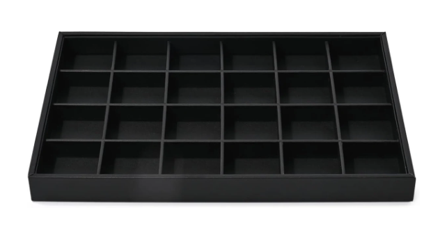 Empty black jewelry organizer tray with multiple compartments for rings, earrings, and small accessories.