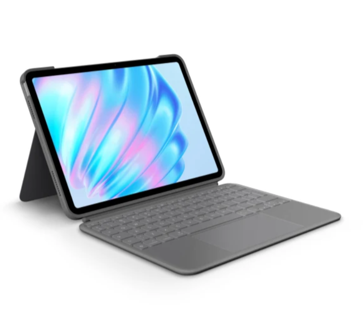 iPad case with a built-in keyboard and trackpad, featuring an adjustable stand for optimal viewing and a sleek, ergonomic design perfect for typing and productivity.