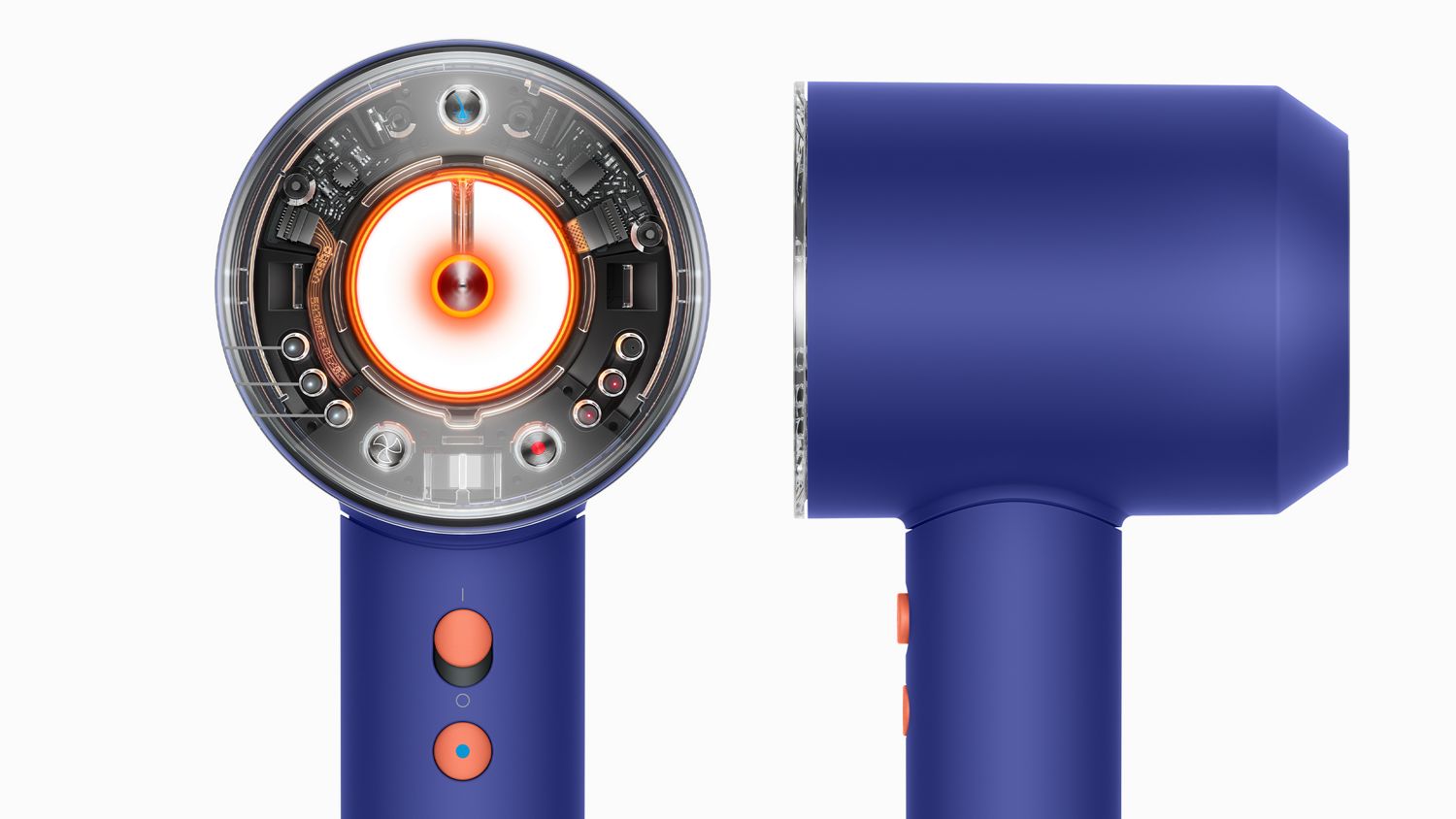 Close-up view of a blue hair dryer with an exposed front showcasing its advanced technology and components, featuring orange buttons and a streamlined side profile.