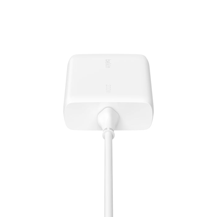 Top angled view of the Belkin 200W charger, highlighting its sleek design and powerful charging capabilities.