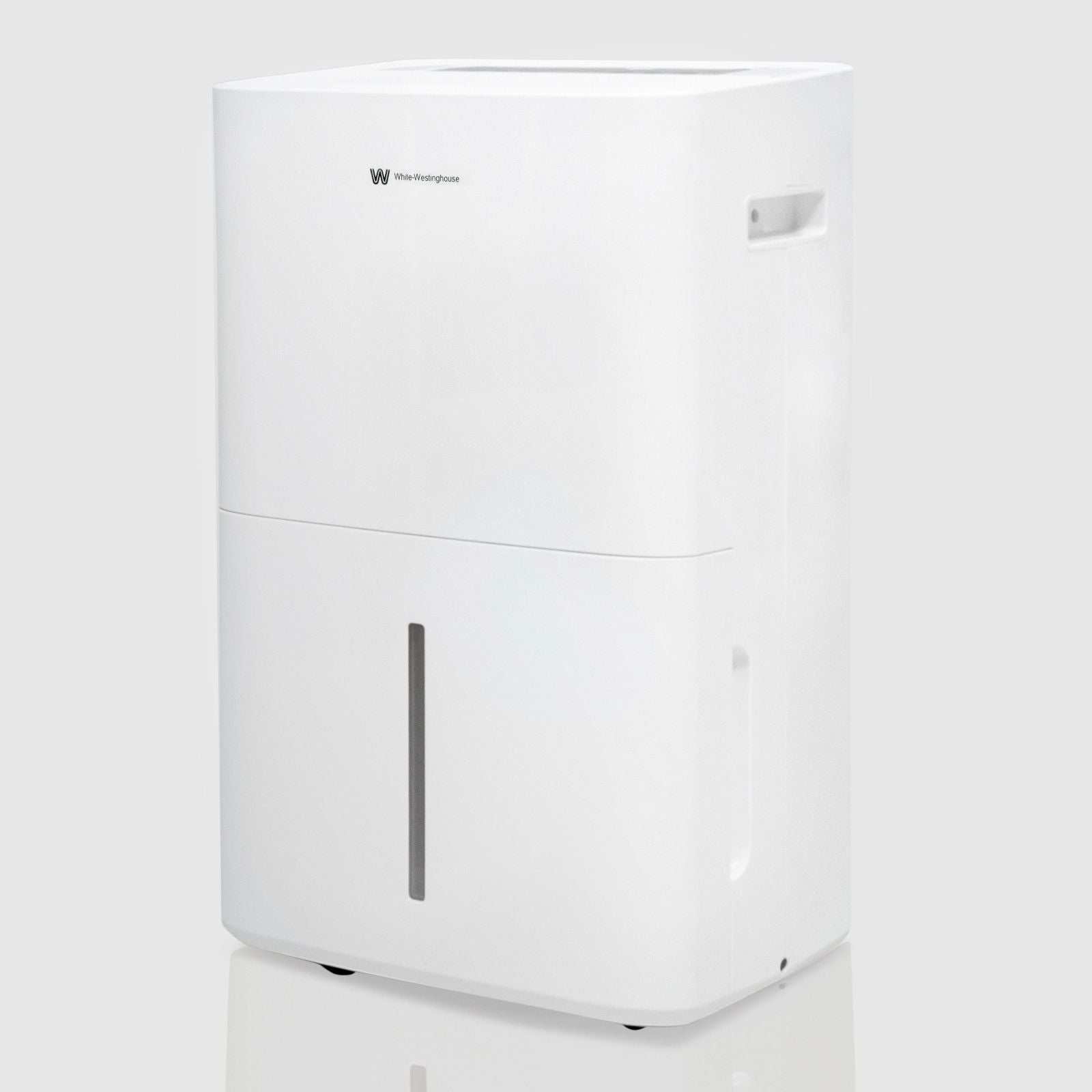  A white 30-liter dehumidifier with a minimalist design, featuring the White-Westinghouse logo at the top center of the front panel. The lower half includes a visible water level indicator on the removable water collection tank. The device has a side handle for easy carrying and is on small wheels for easy mobility.