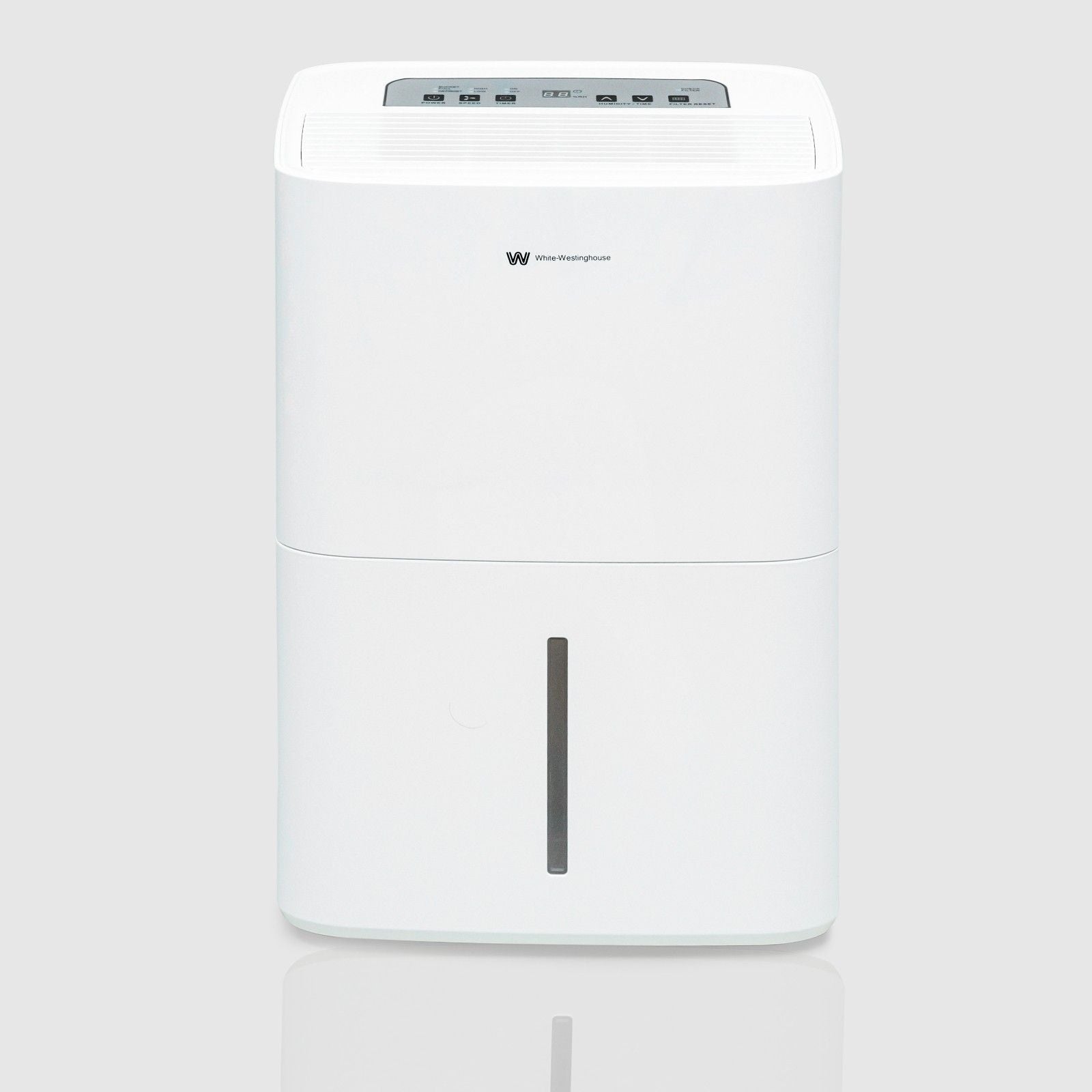  A white 30-liter dehumidifier with a sleek design, featuring the White-Westinghouse logo at the top center of the front panel. The lower half includes a visible water level indicator on the removable water collection tank. The top panel houses control buttons and an air vent. The device has small wheels for easy mobility.