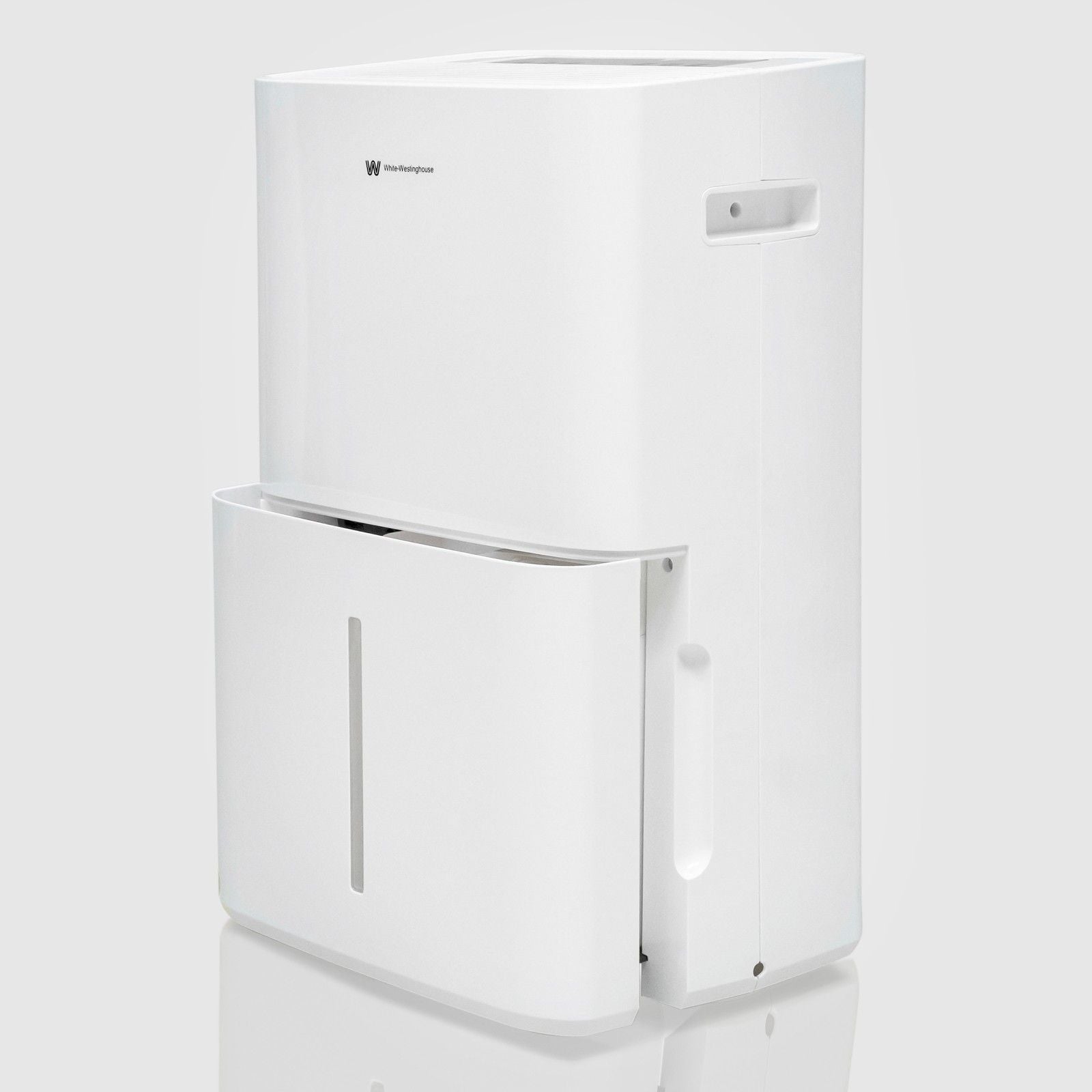  A white 30-liter dehumidifier with a minimalist design, featuring the White-Westinghouse logo on the top front panel. The water collection tank is partially pulled out, showing the visible water level indicator. The device has a side handle for easy carrying and is mounted on small wheels for easy mobility.