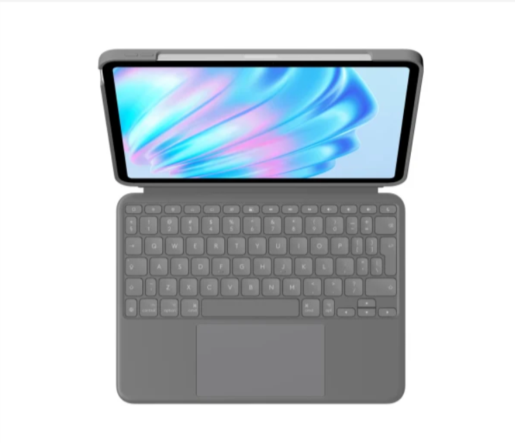 iPad case with a full-size keyboard and integrated trackpad, shown from a top-down view, featuring a vibrant screen and a compact, ergonomic design for efficient typing and navigation.