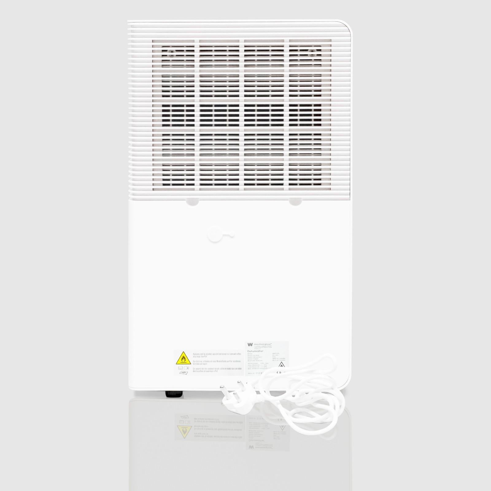 Rear view of the White Westinghouse Dehumidifier AWHD40, showcasing the back air vent and the power cord. The sleek white design includes safety labels, making it suitable for maintaining optimal humidity levels in residential and commercial spaces.