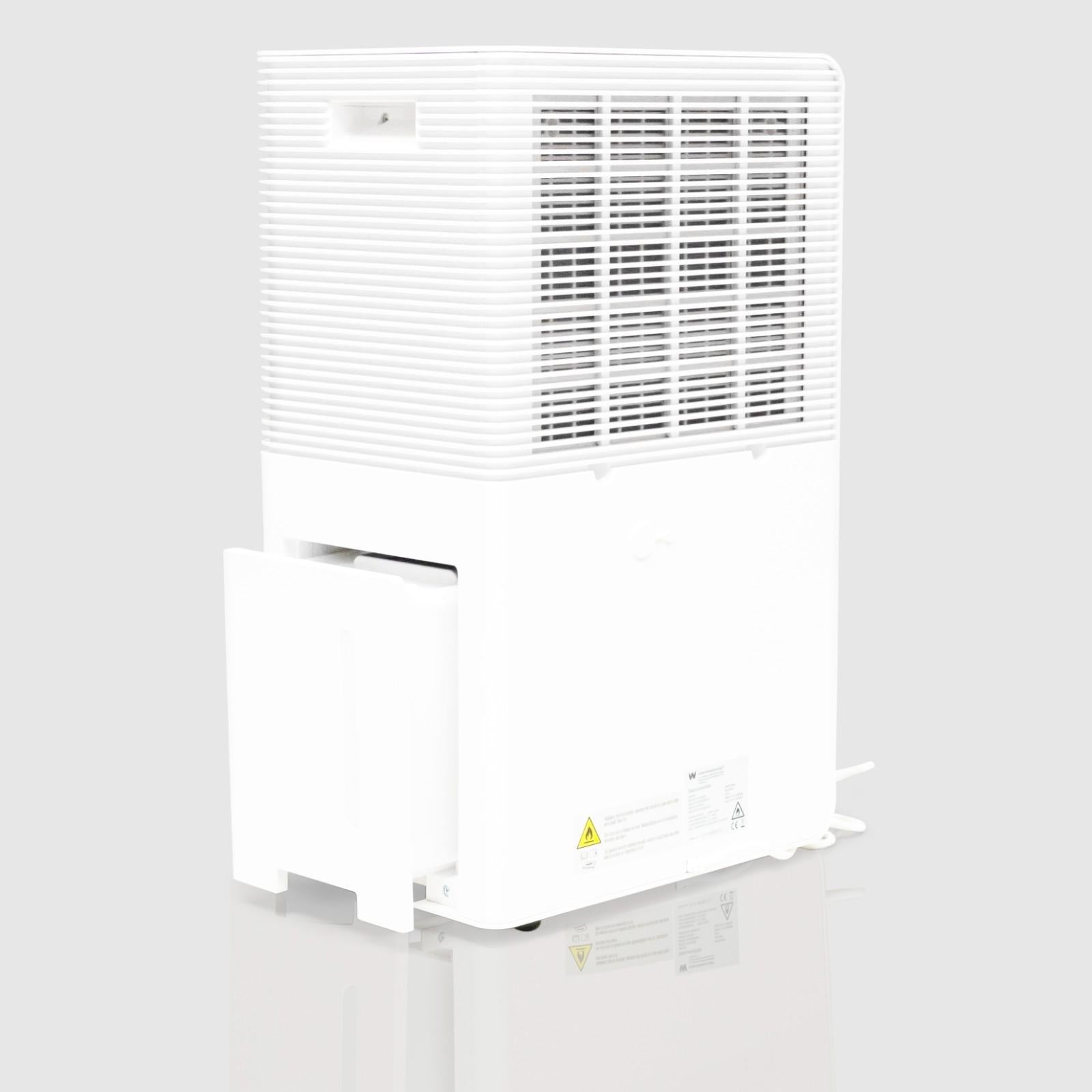 Rear angled view of the White Westinghouse Dehumidifier AWHD40, showing the back air vent and the water tank partially removed. The sleek white design includes safety labels and casters for easy mobility, making it ideal for maintaining optimal humidity levels in residential and commercial spaces.