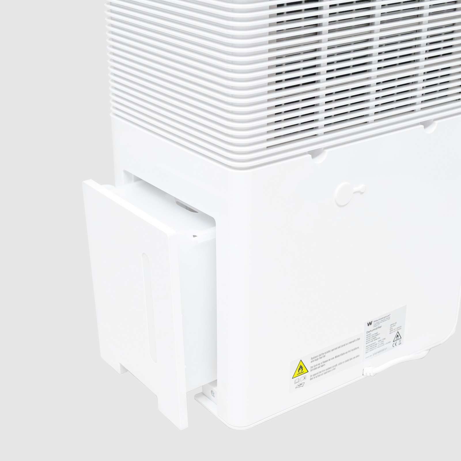 Close-up view of the White Westinghouse Dehumidifier AWHD40 with the water tank partially removed, showcasing the back air vent and water tank compartment. The sleek white design is suitable for maintaining optimal humidity levels in residential and commercial spaces.