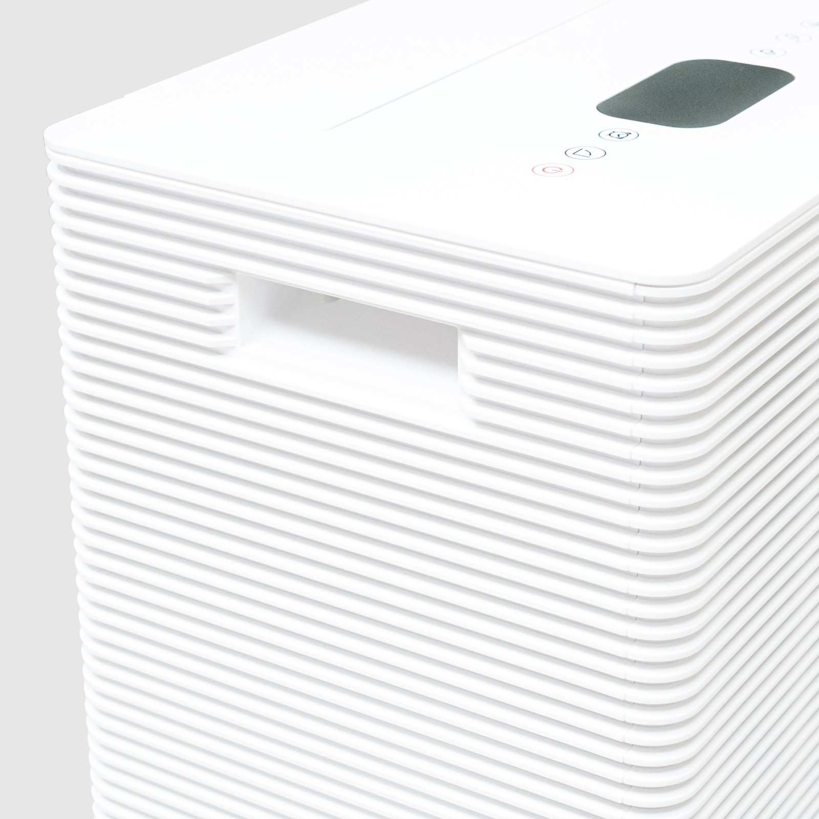 Close-up view of the top section of the White Westinghouse Dehumidifier AWHD40, highlighting the built-in handle, digital control panel, and air vents. The sleek white design is suitable for maintaining optimal humidity levels in residential and commercial spaces.