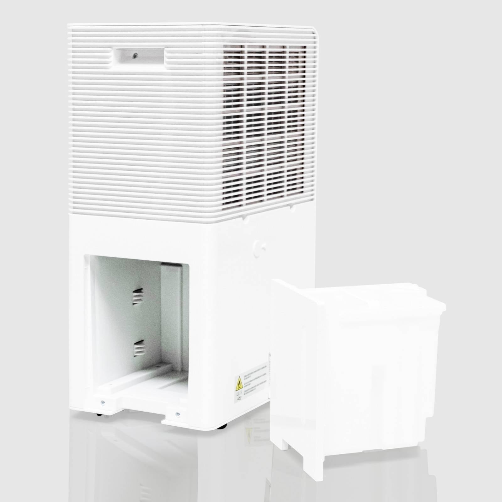 Rear angled view of the White Westinghouse Dehumidifier AWHD40 with the water tank removed, showcasing the back air vent and water tank compartment. The sleek white design is suitable for maintaining optimal humidity levels in residential and commercial spaces.