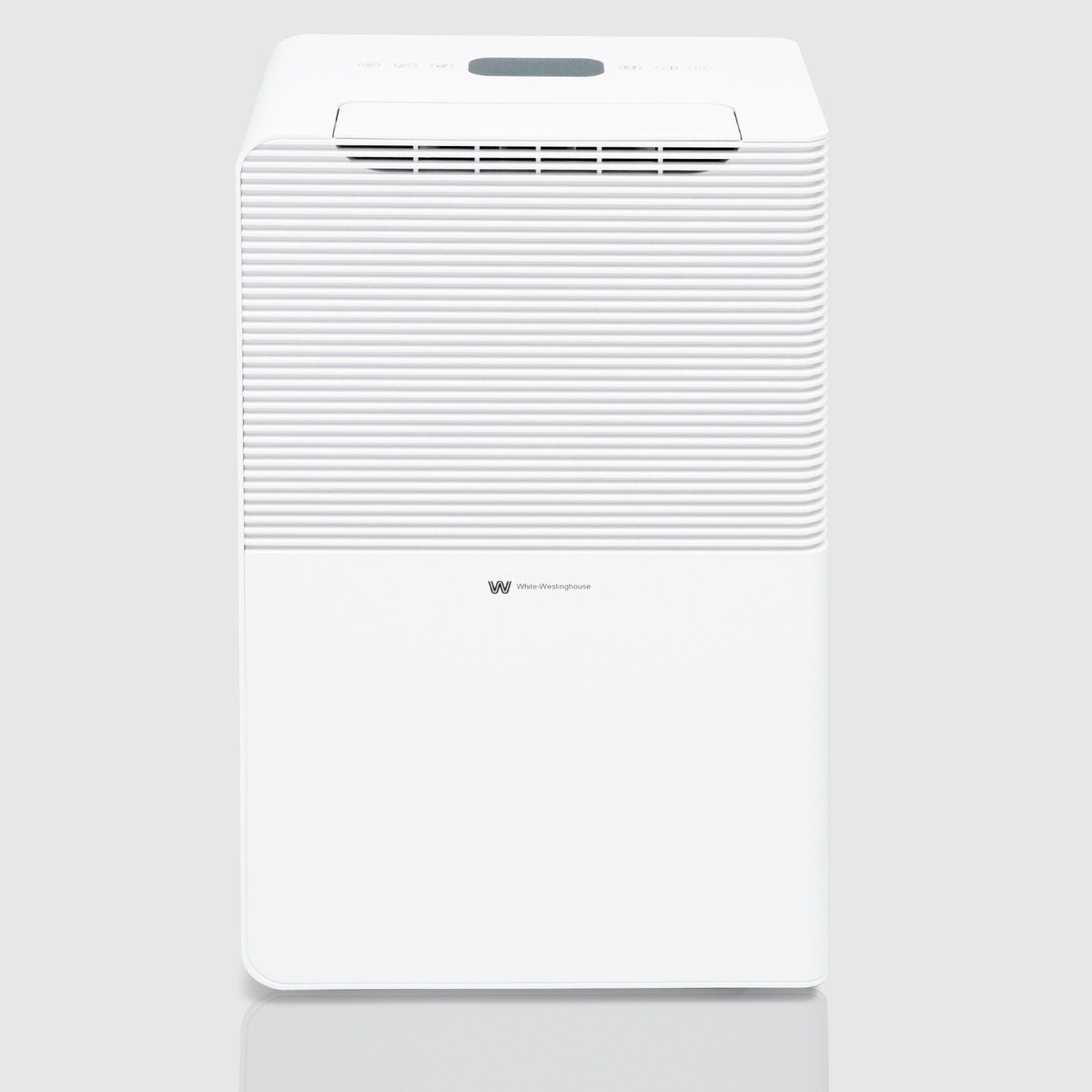 Front view of the White Westinghouse Dehumidifier AWHD40, showcasing the sleek white design with top air vents and a digital control panel. The unit's modern and compact design is ideal for maintaining optimal humidity levels in residential and commercial spaces.