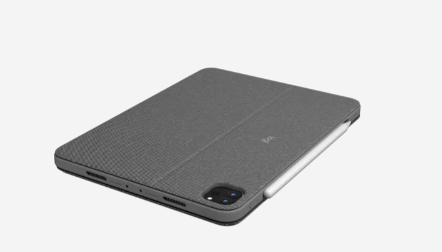 Protective iPad case with a sleek textured design, precise cutouts for the rear camera, speakers, and integrated stylus holder for easy access.